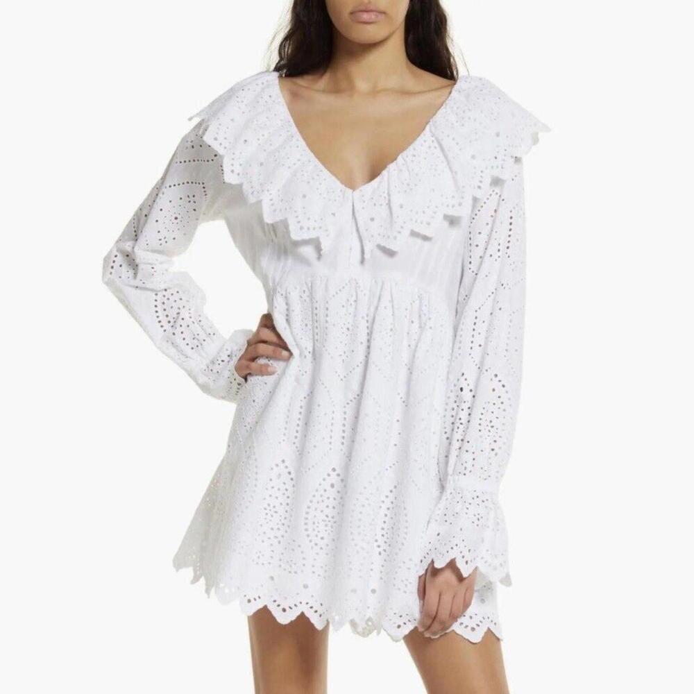 EUC Topshop Broderie Eyelet Ruffle Long Sleeve Minidress White Size 2